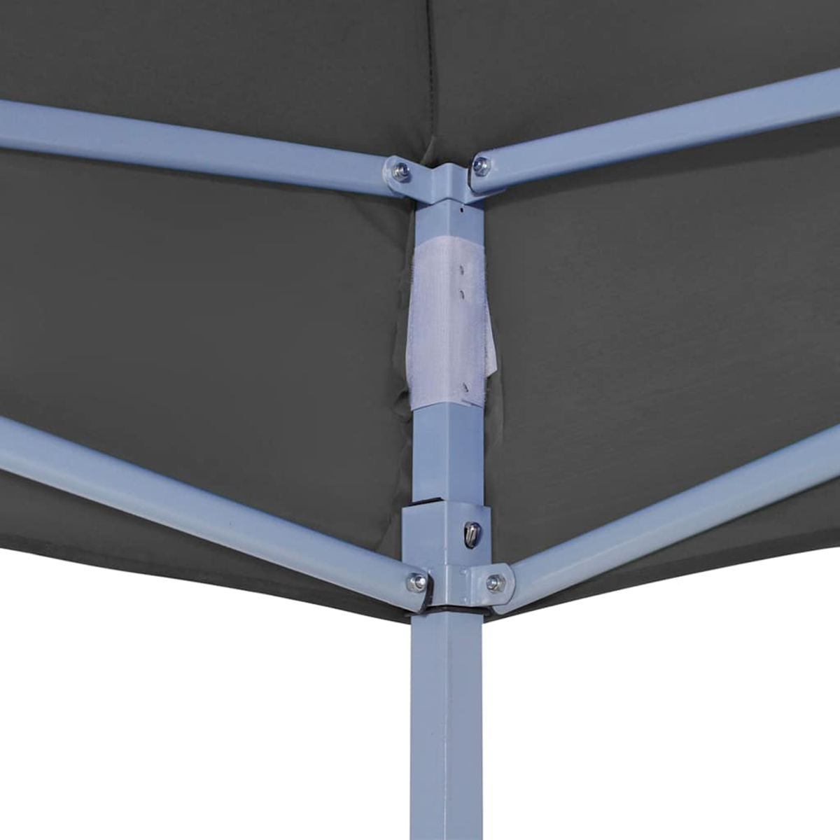 Tessuto della tenda grigio scuro con telaio in metallo blu chiaro e connessioni a vite.