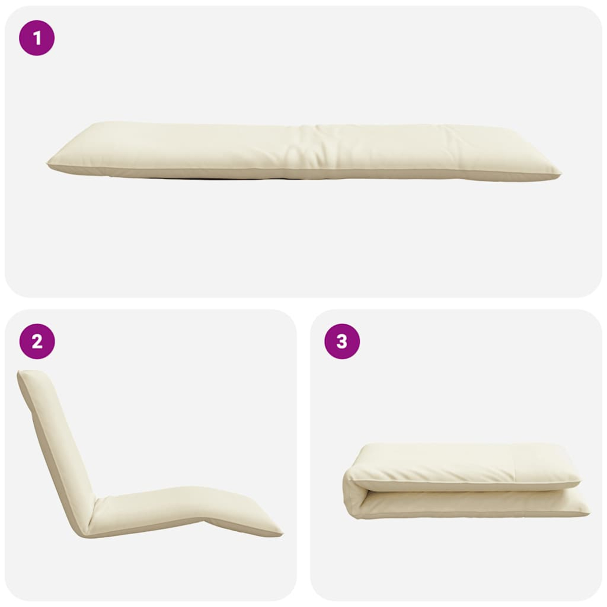 Un cuscino beige chiaro mostrato piatto, reclinato e piegato.