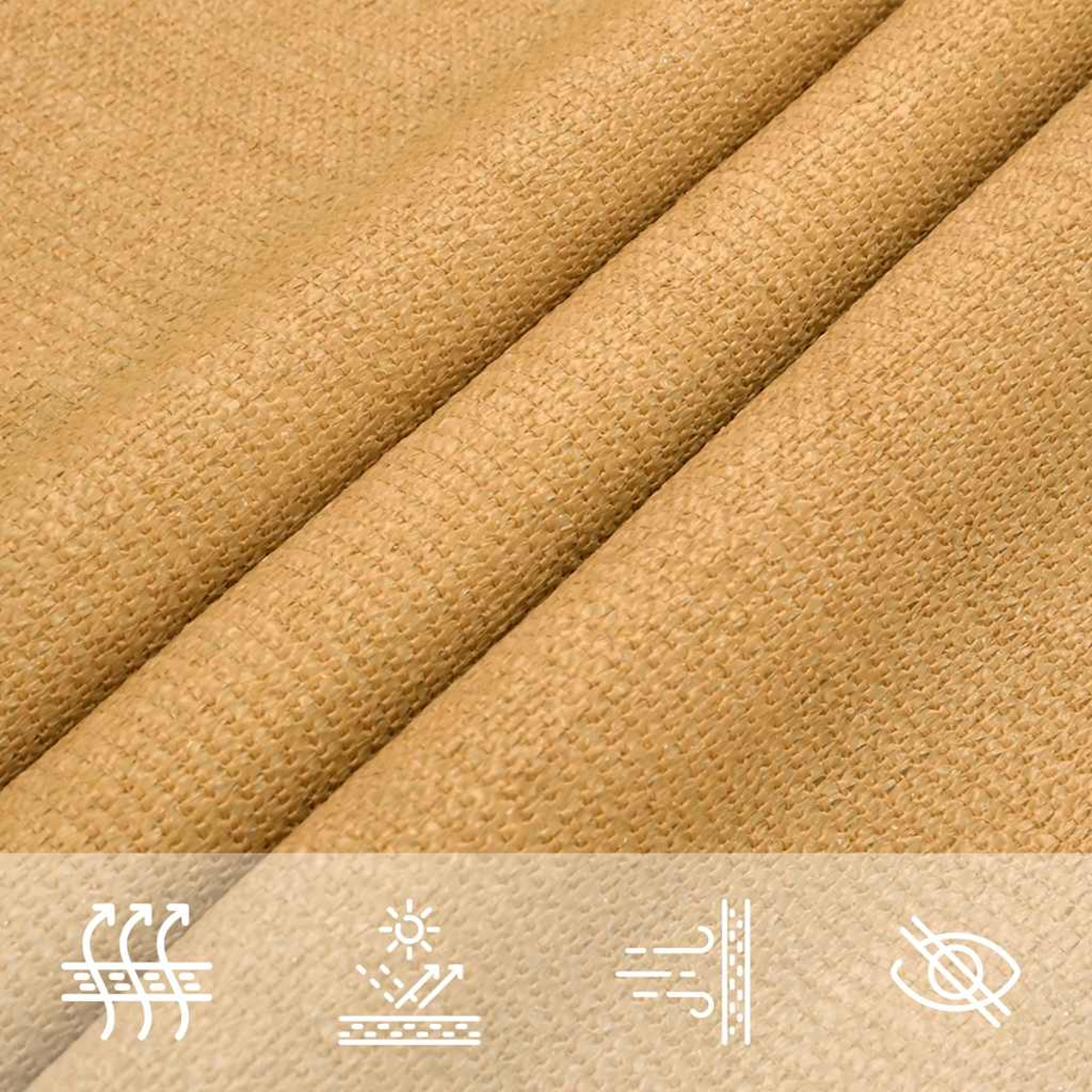 Tessuto beige texturizzato con pieghe e icone per protezione solare, vento, privacy.