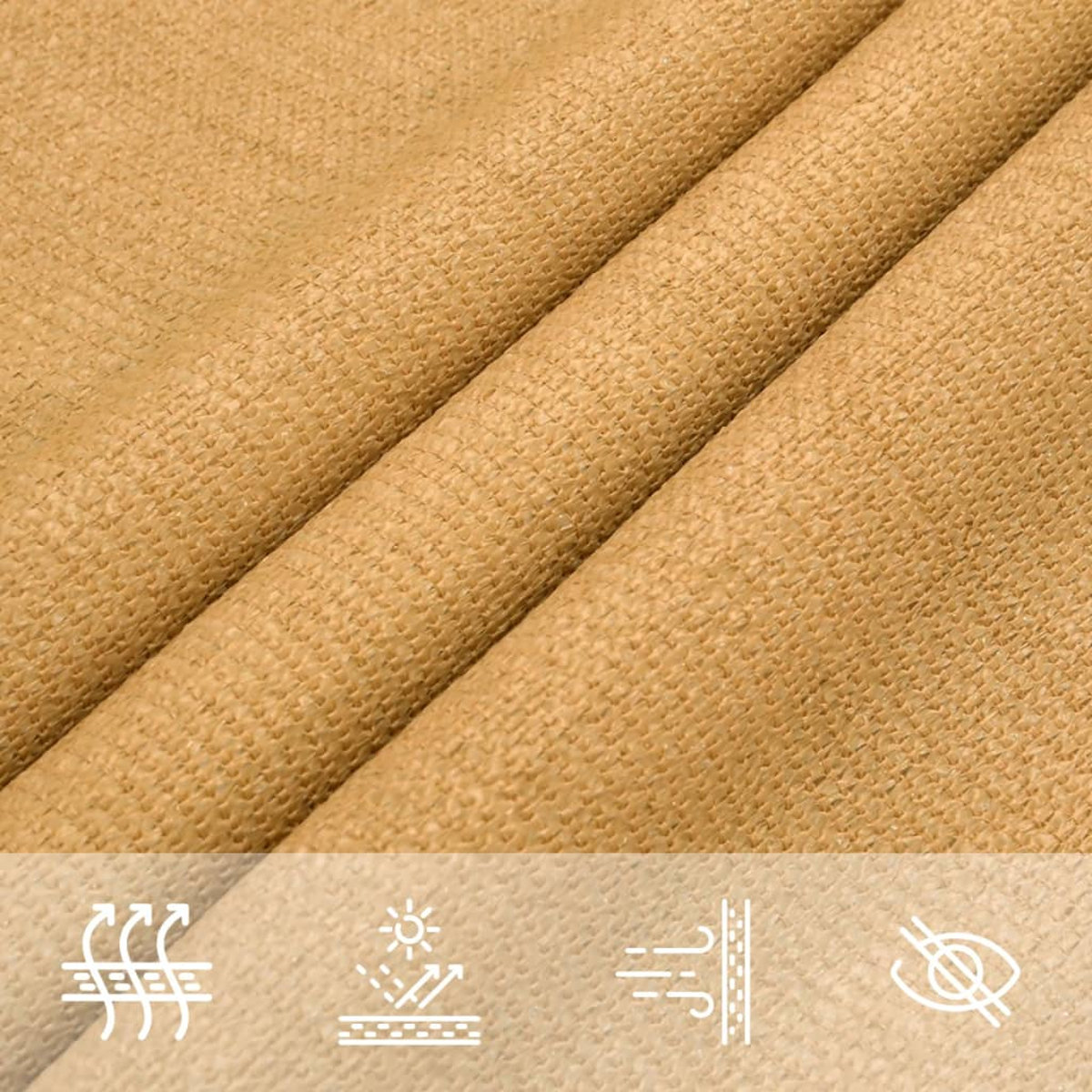 Primo piano di tessuto beige intrecciato con pieghe. Icone mostrano vento, sole, occhio.