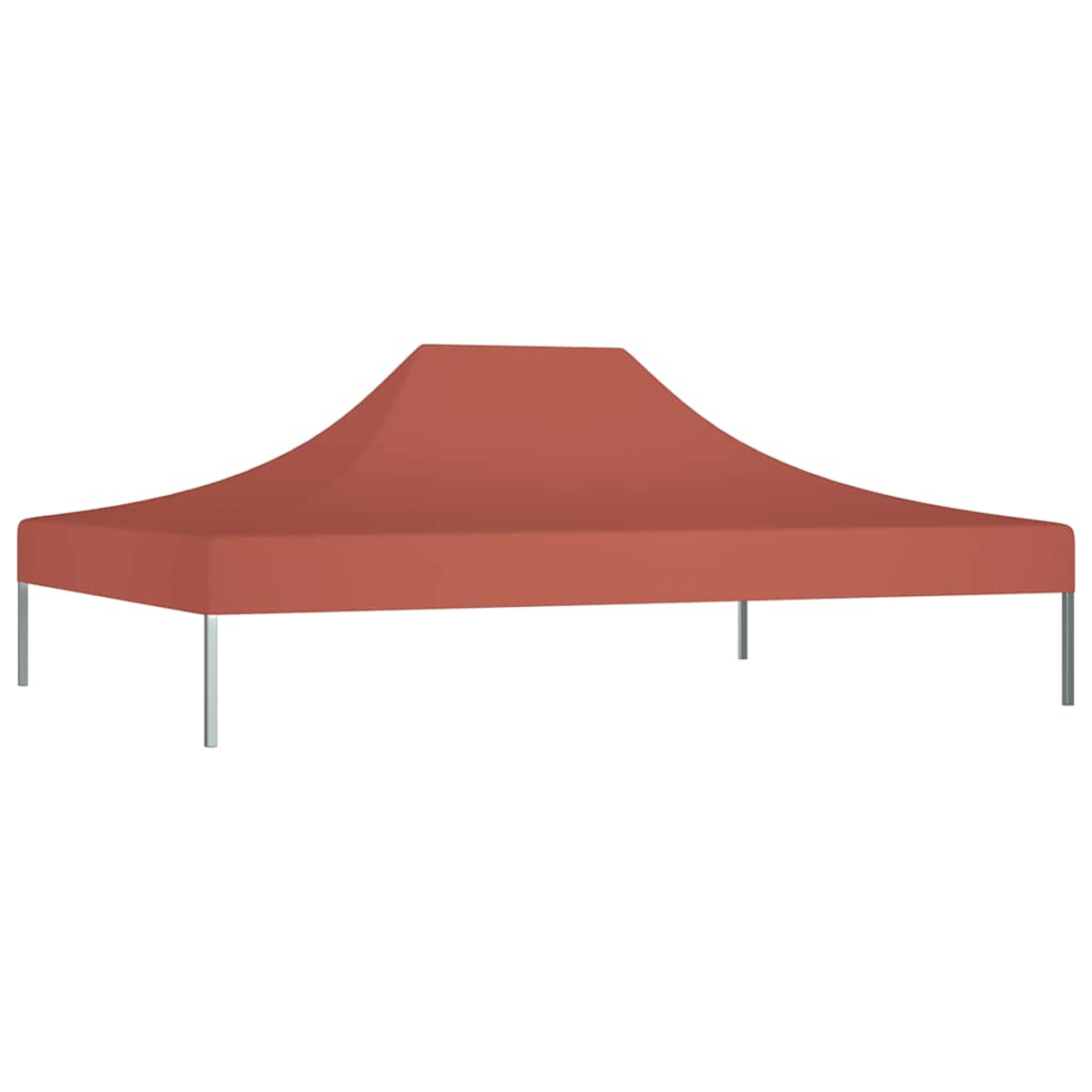 Una tenda a baldacchino rosso corallo con gambe argentate su sfondo bianco.