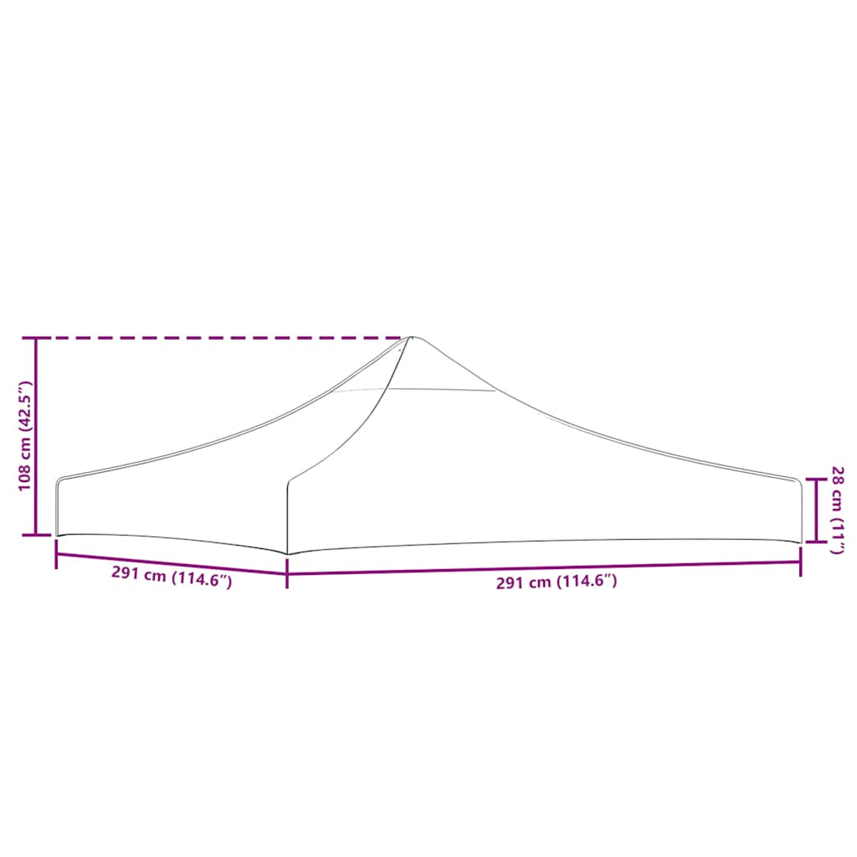Diagramma di una tenda con dimensioni: altezza 108 cm, larghezza 28 cm, lunghezza 291 cm.
