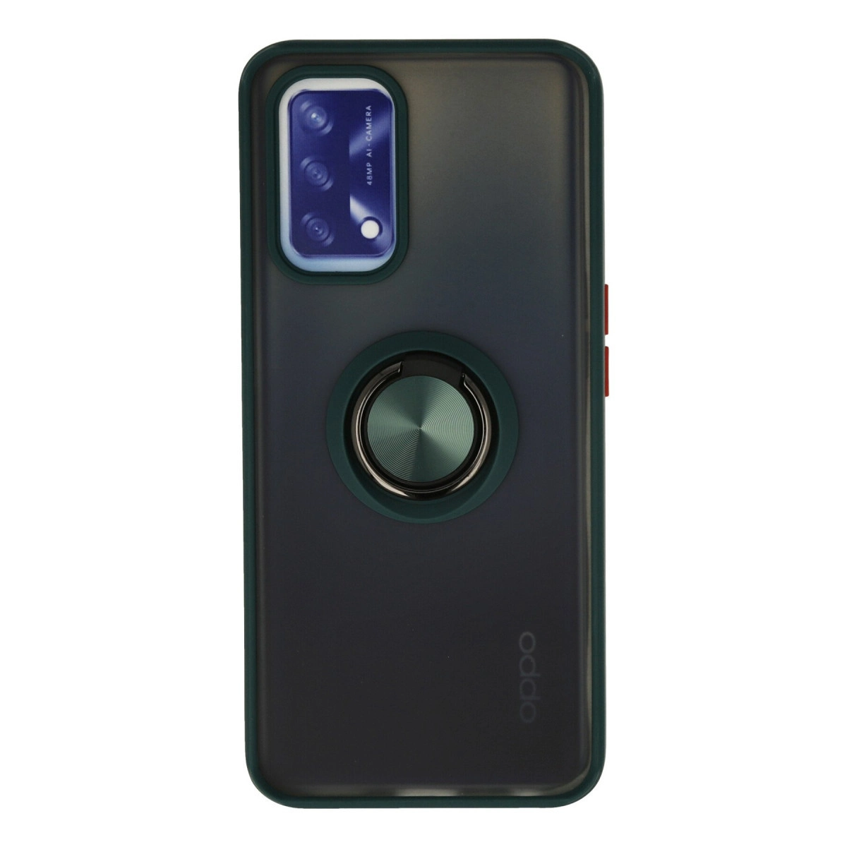 Halka tutuculu ve kamera dizilimli koyu renk telefon kılıfı. Sağ altta logo.