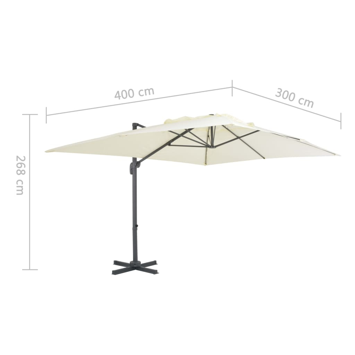 Ombrellone a sbalzo beige con base in metallo. Dimensioni: 400x300x268 cm.