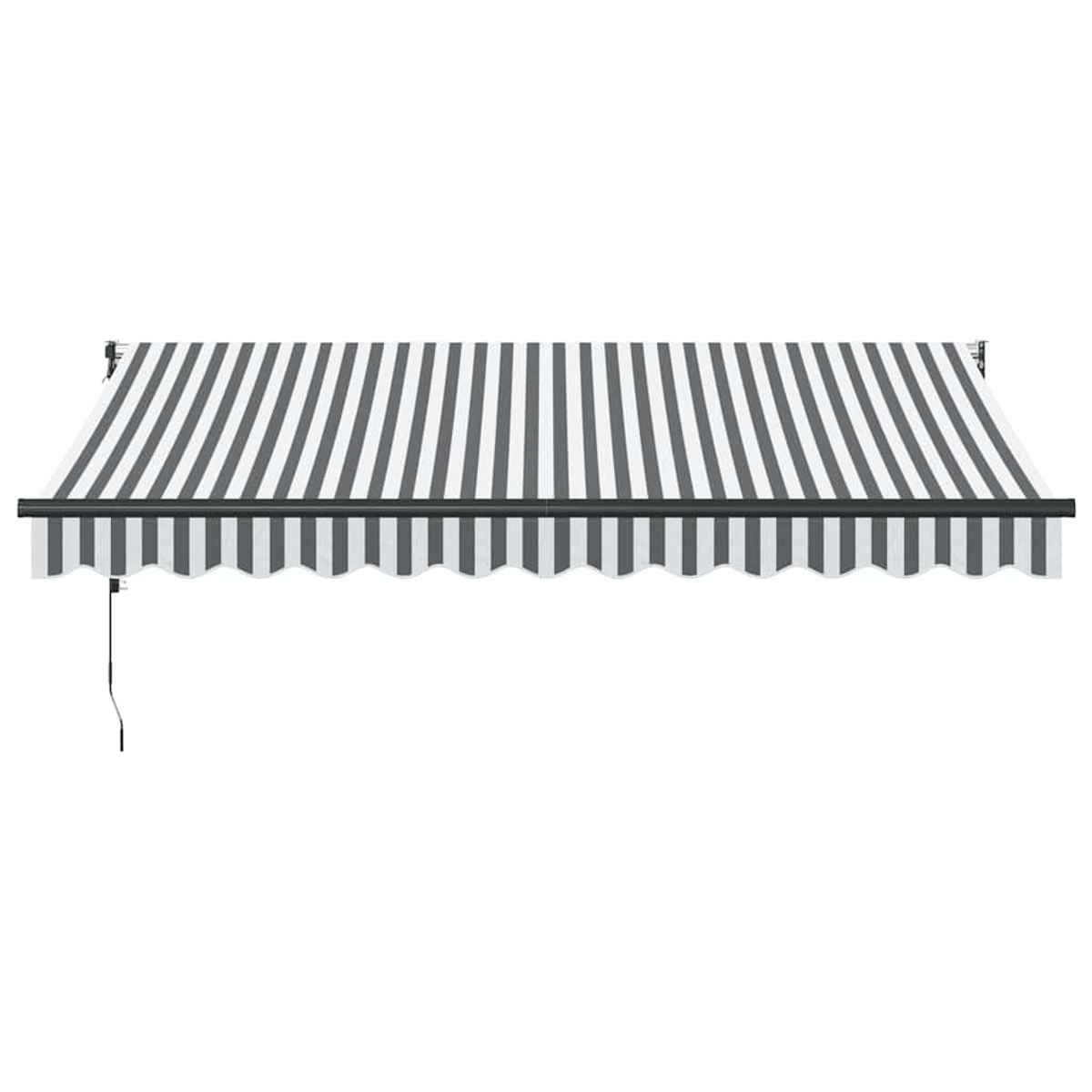 Un tessuto da tenda esteso con strisce grigie e bianche e un orlo smerlato.
