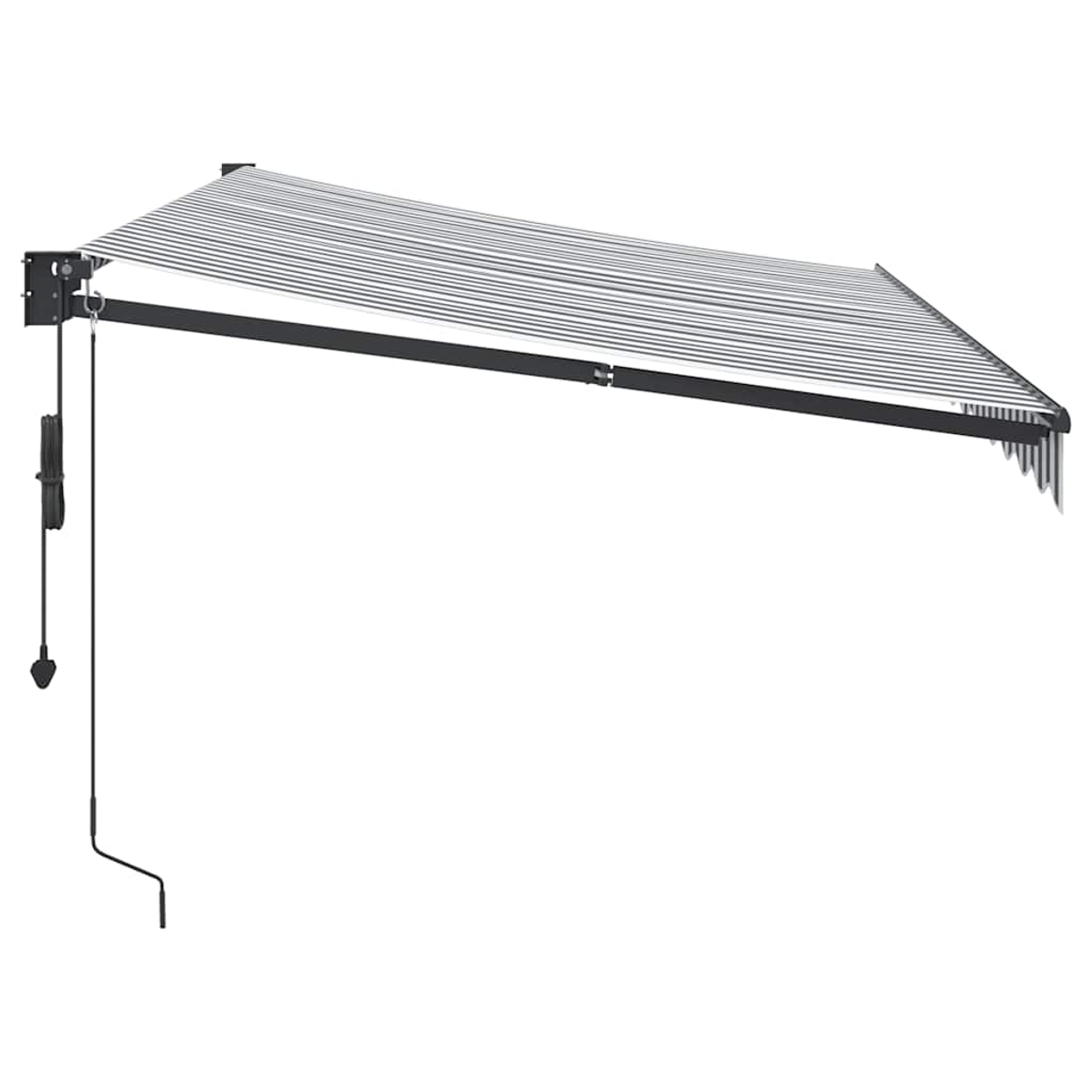 Una tenda da sole retrattile a strisce grigie e bianche è montata a parete.