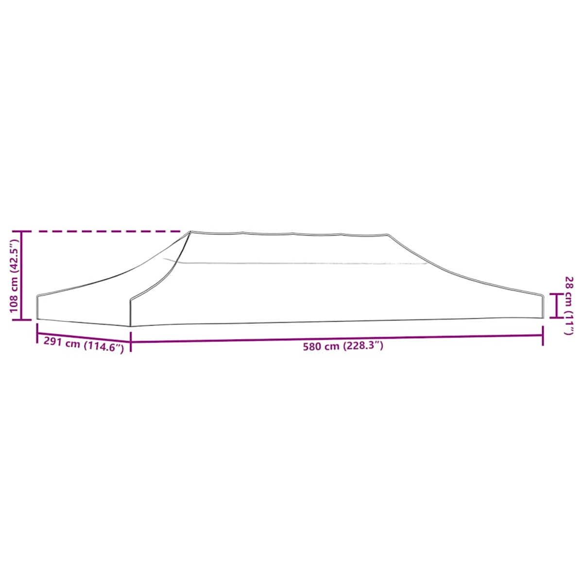 Disegno al tratto di una grande tenda con dimensioni: 580cm lunghezza, 291cm larghezza, 108cm altezza.