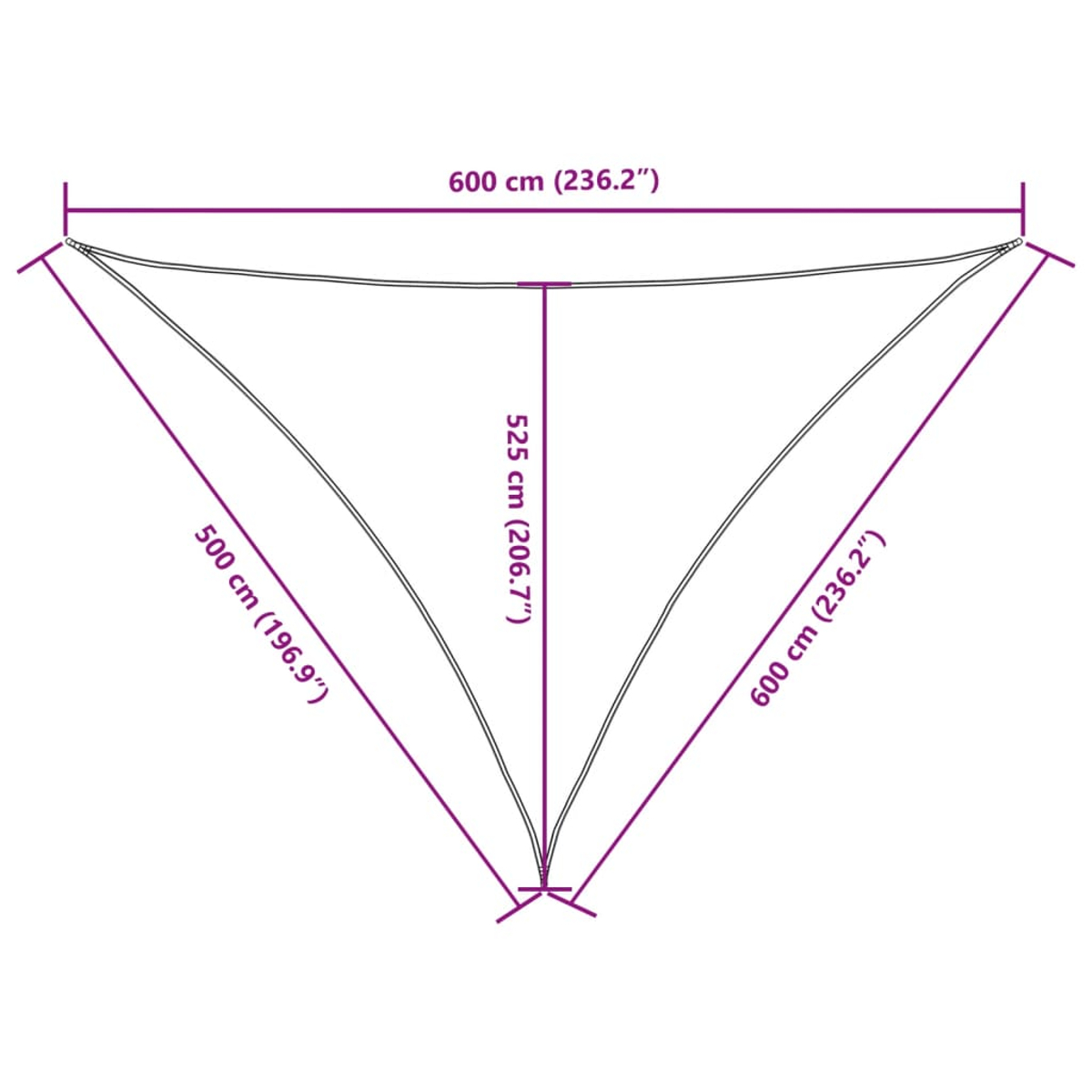 Un diagramma schematico di una vela parasole con dimensioni 600 cm, 525 cm e 500 cm.