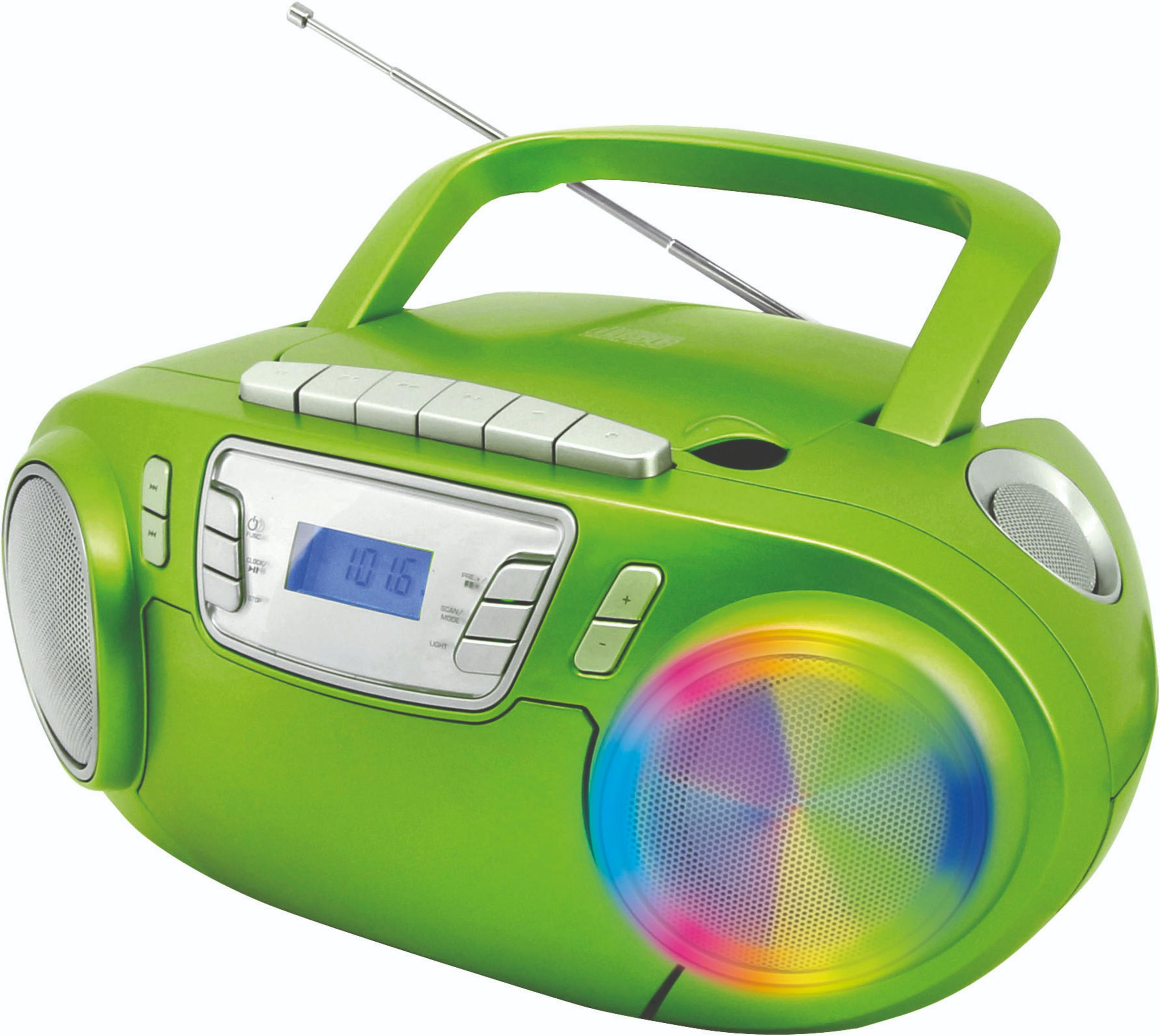 Ein leuchtend grüner Boombox mit CD-Player, Lautsprechern und beleuchtetem Disc-Effekt.