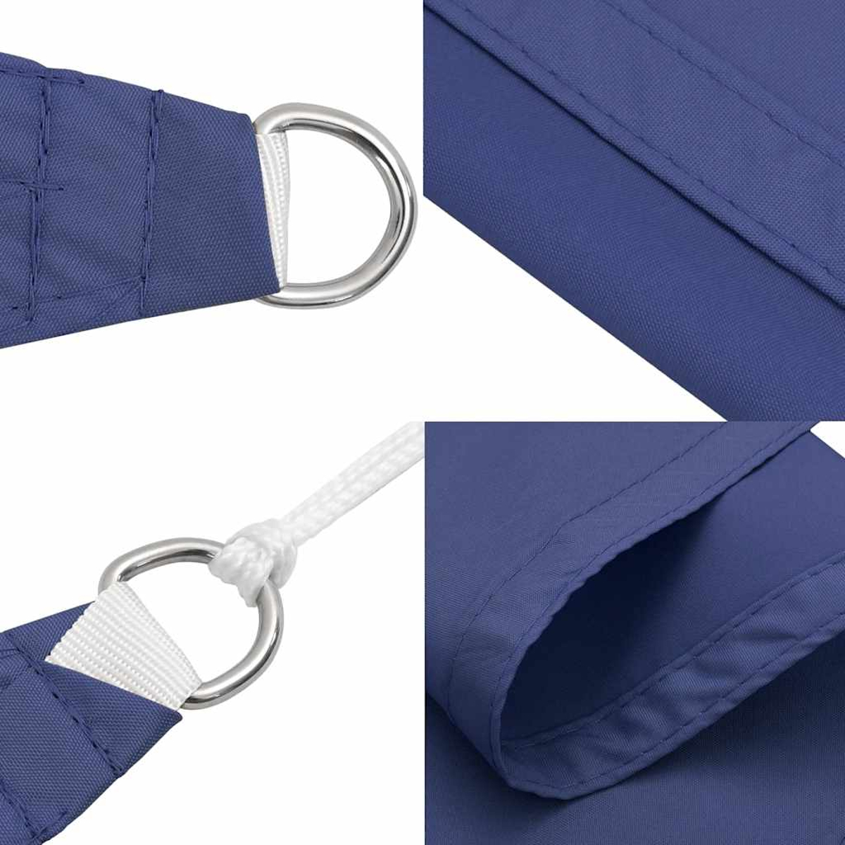 Primo piano di una vela parasole blu navy, che mostra anelli a D e dettagli di cucitura.