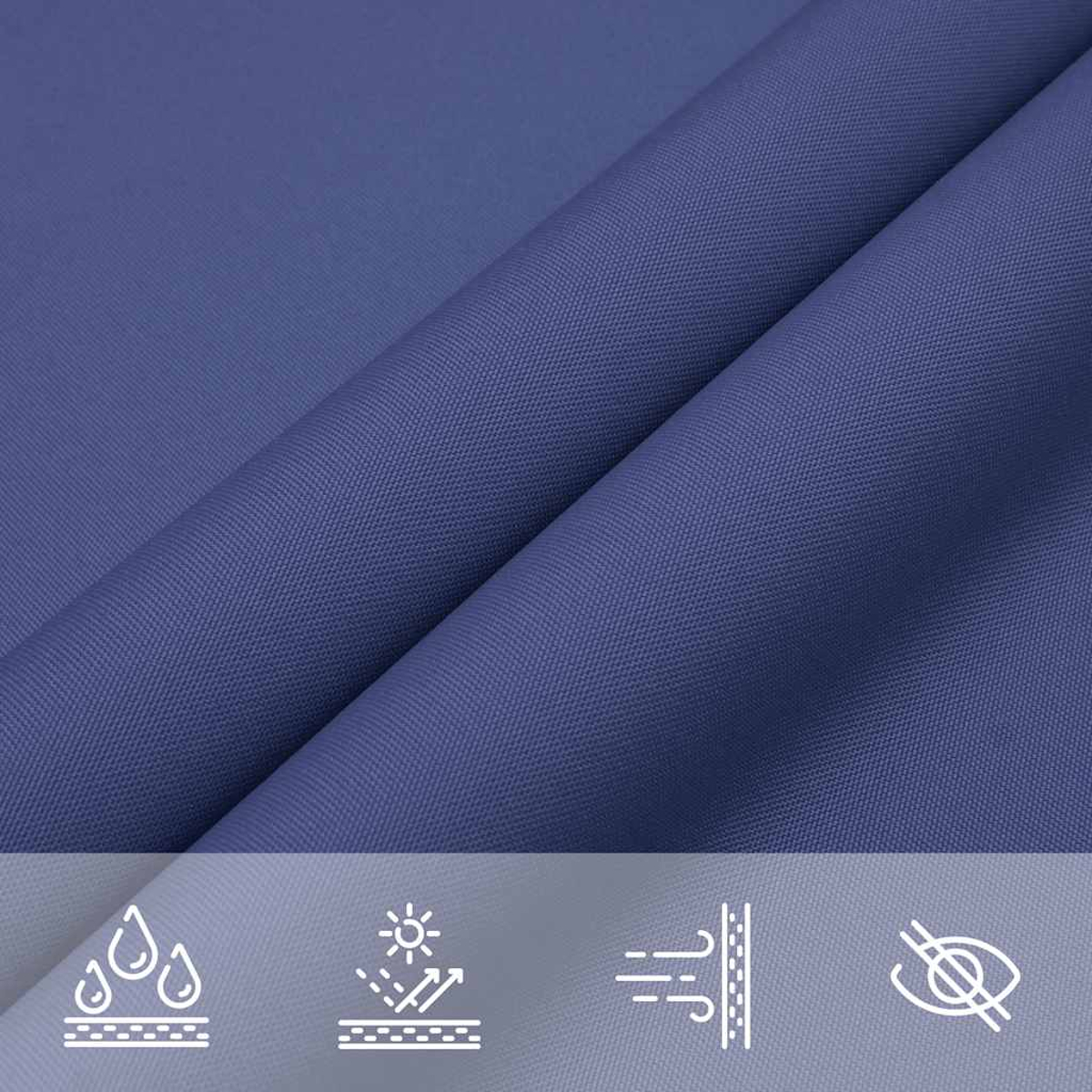 Tessuto blu con icone per resistenza all'acqua, protezione solare e ventilazione.