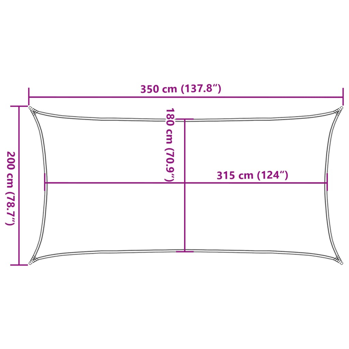 Diagramma di una vela parasole rettangolare con dimensioni: 350cm x 200cm.