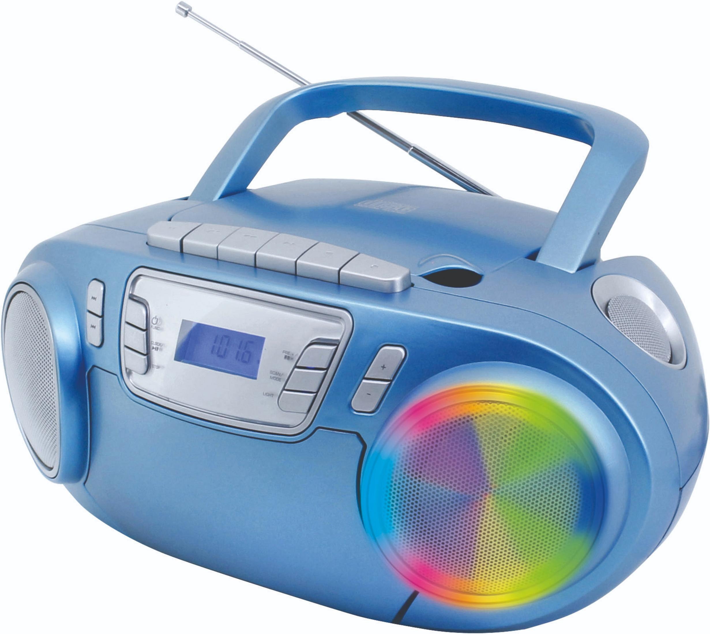 Ein blauer Boombox mit CD-Player, FM-Radio und bunten Lichtern.