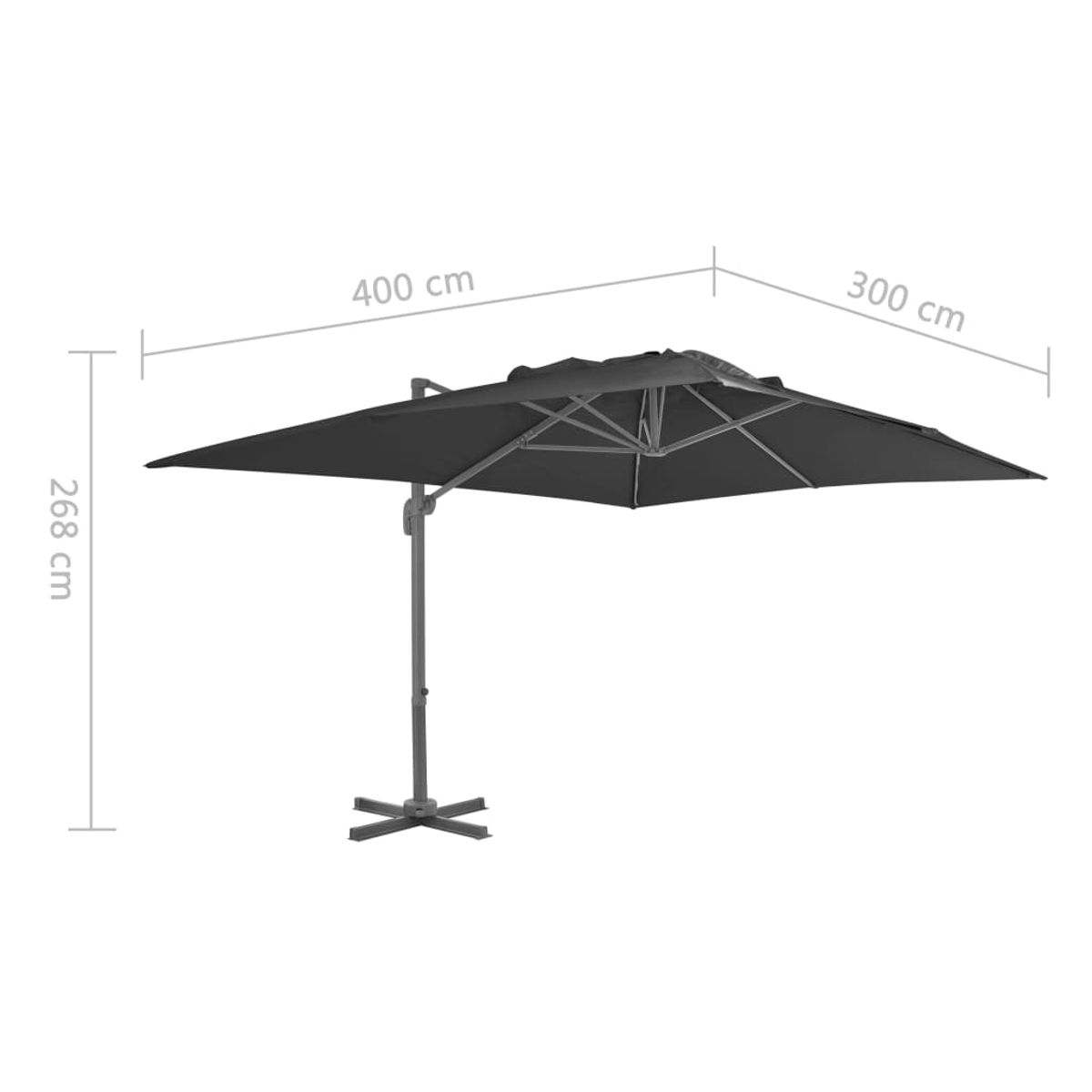 Un ombrellone scuro con base a croce e dimensioni indicate.