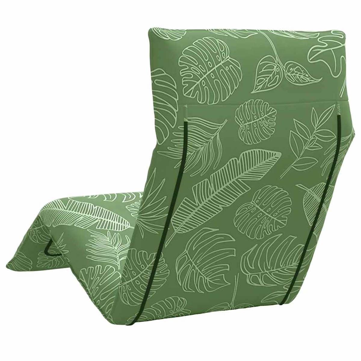 Una sedia a sdraio verde con motivo a foglie e cinghie nere.