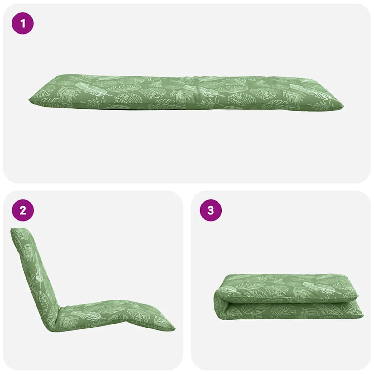 Cuscino verde con motivo a foglie, piatto, reclinato e piegato.