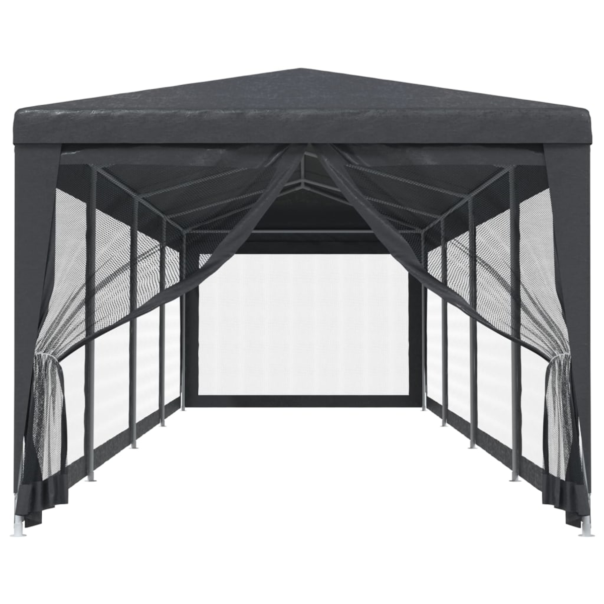Un gazebo scuro con zanzariere sui lati e sfondo bianco.