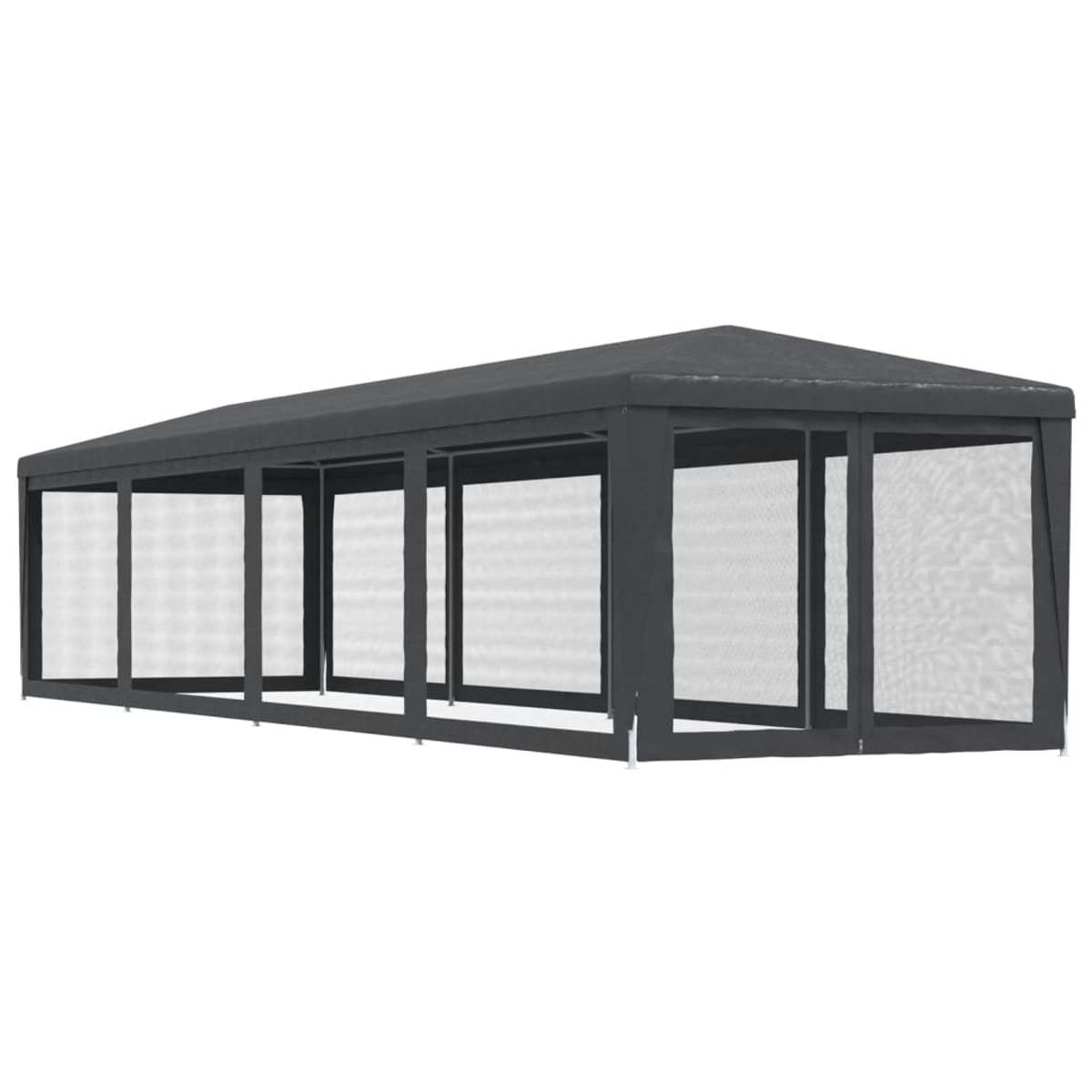 Gazebo grigio scuro con lati in rete e tetto spiovente.