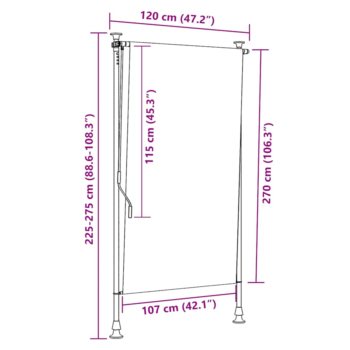 Una tenda a rullo con dimensioni: 120 cm di larghezza, 270 cm di altezza.