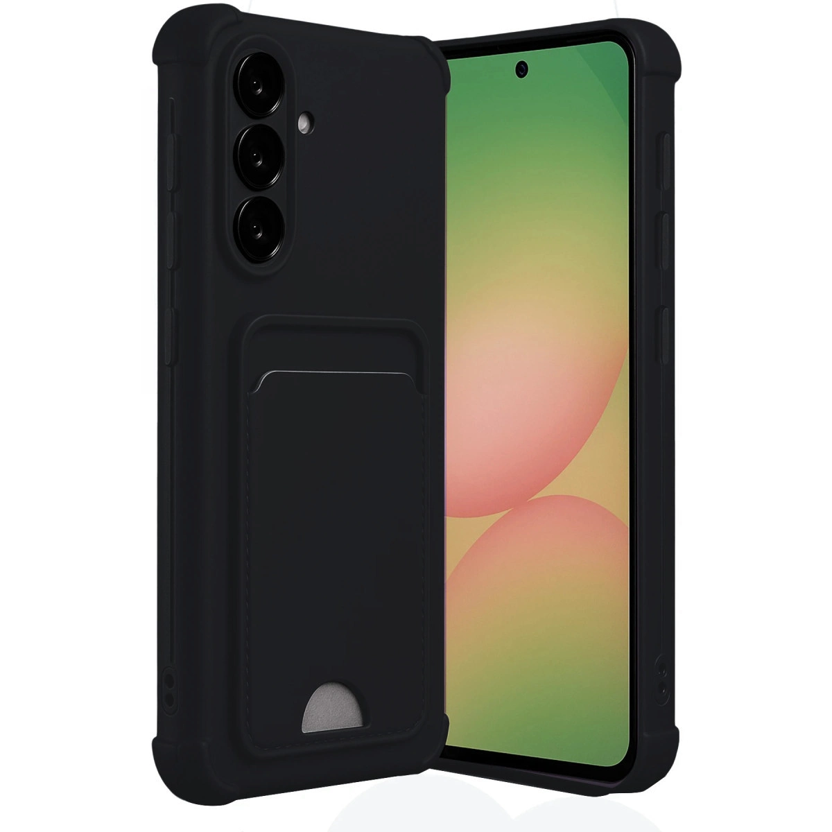 Arkada kart yuvası ve üçlü kamerası olan siyah telefon, beyaz zeminde.