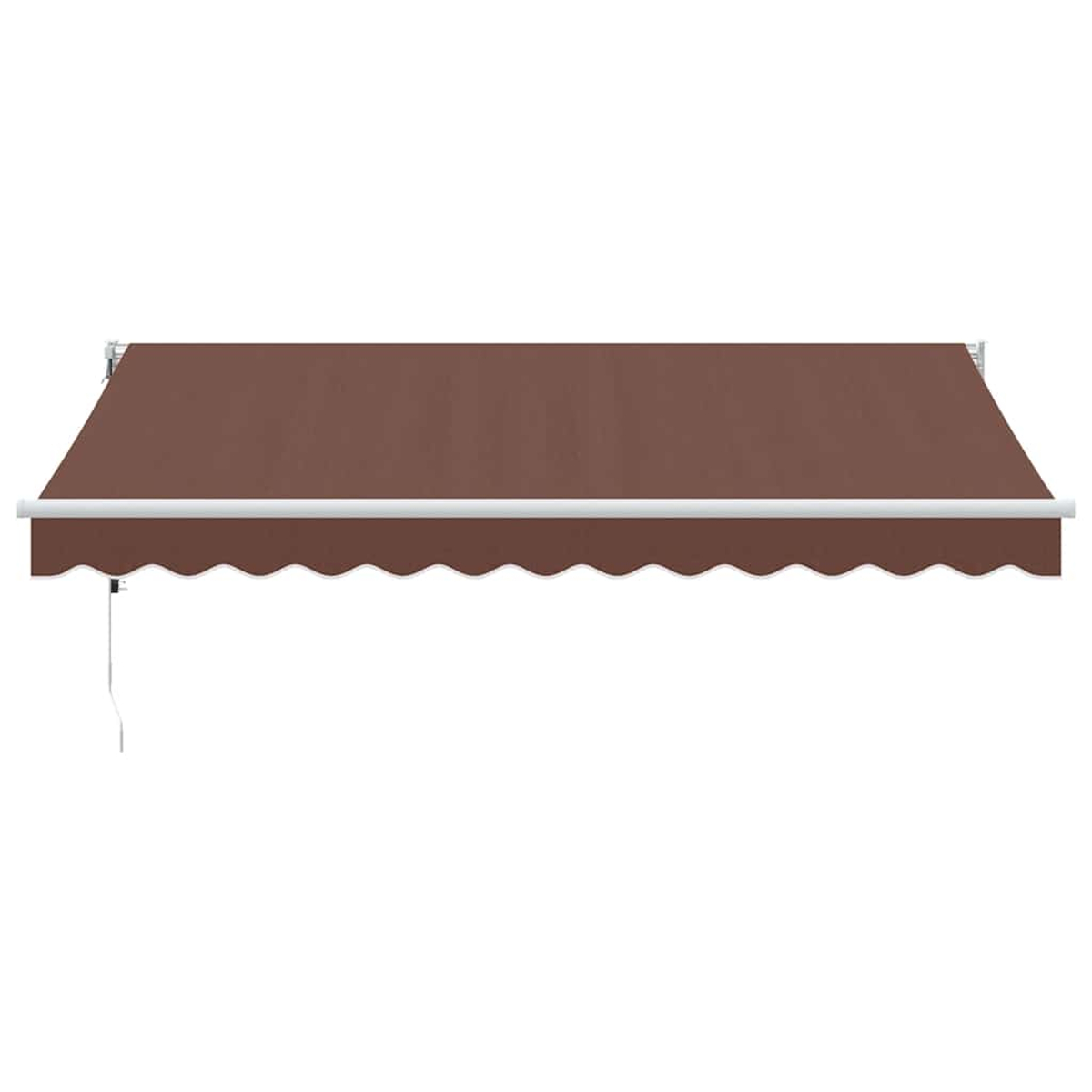 Tessuto per tenda da sole marrone con bordo bianco smerlato.