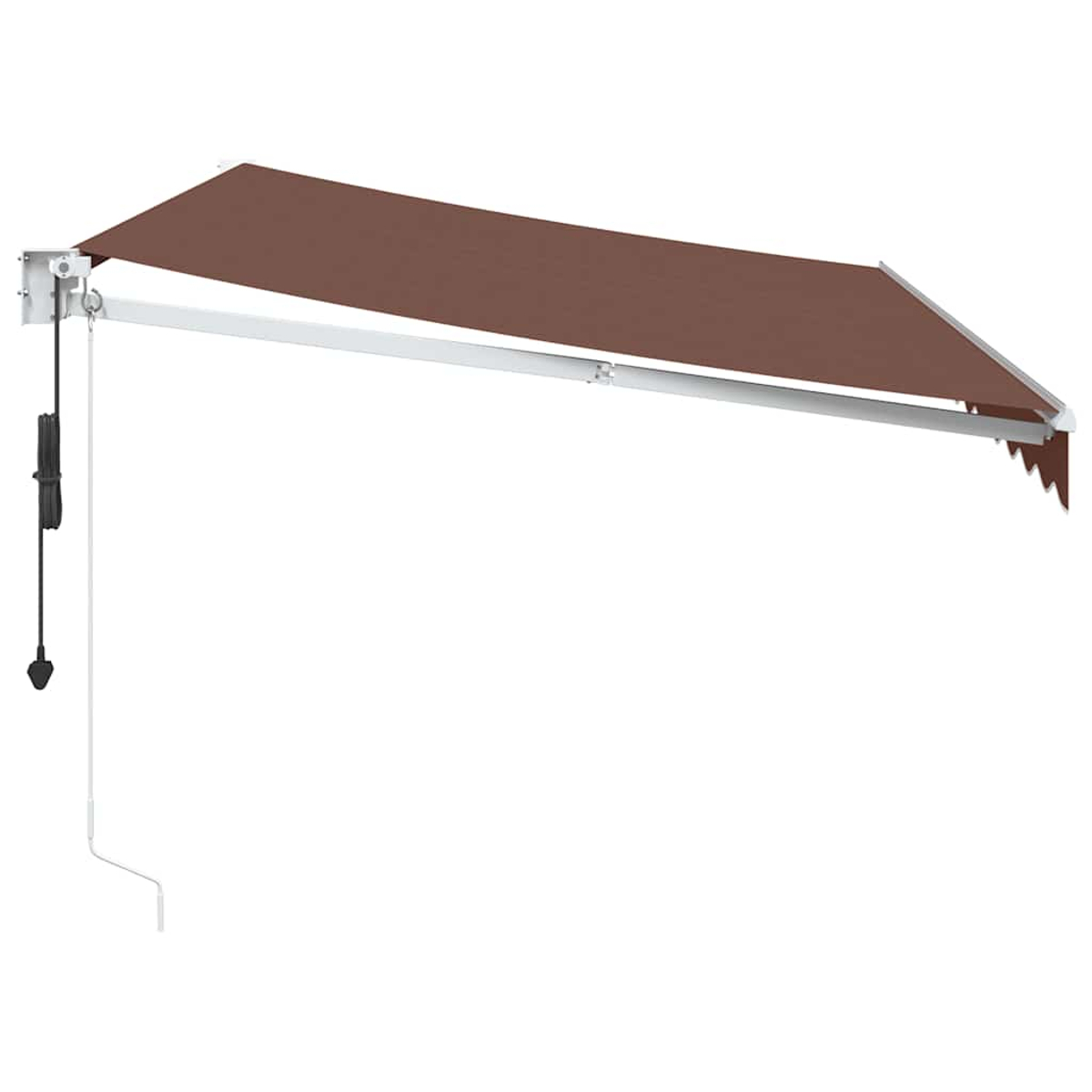 Una tenda da sole marrone retrattile con telaio bianco e manovella. Isolata su bianco.