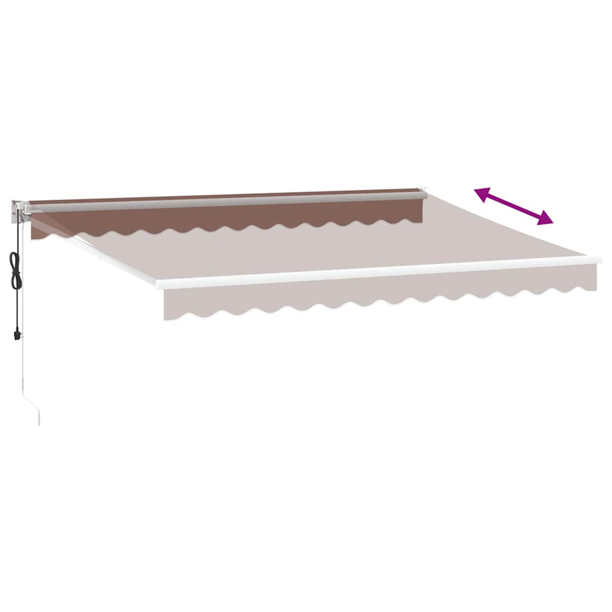 Un tessuto di tenda da sole esteso con bordo smerlato e due frecce che indicano l'estensione.