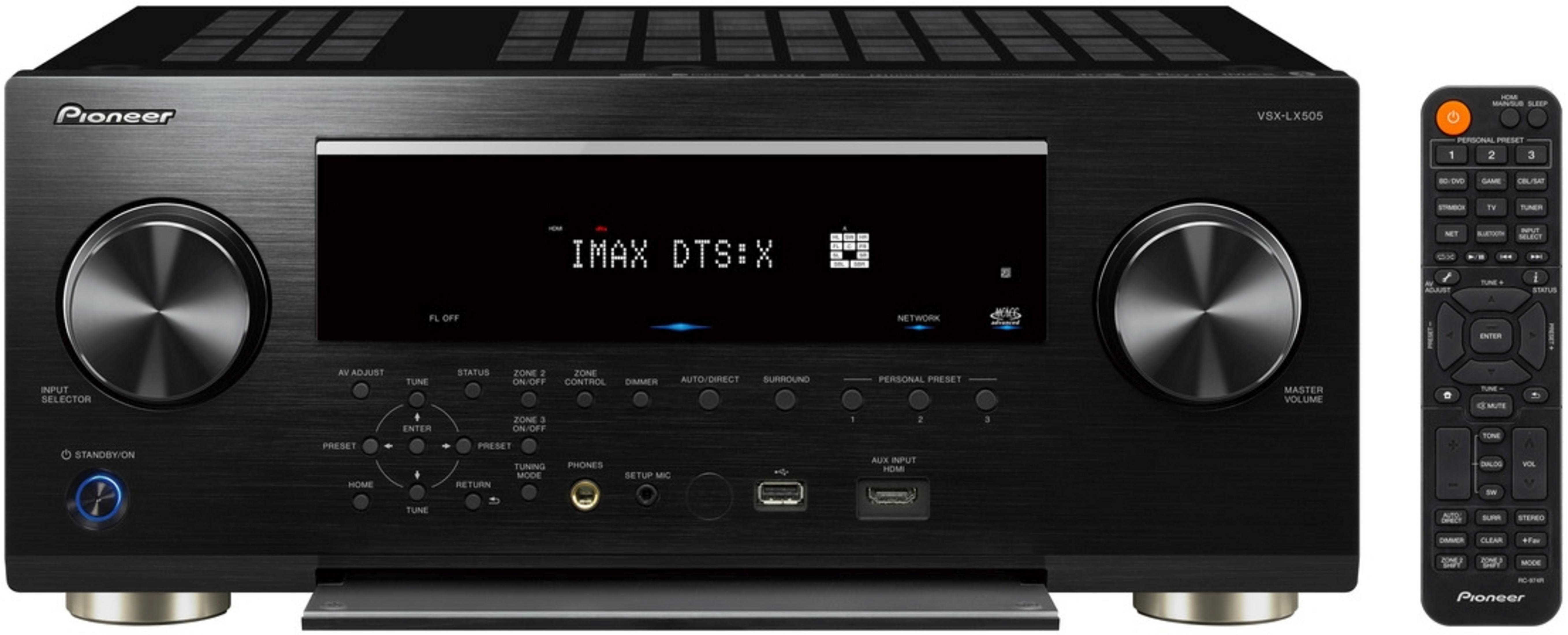 Schwarzer Pioneer AV-Receiver VSX-LX505 mit Fernbedienung, großem Lautstärkeregler und Display.