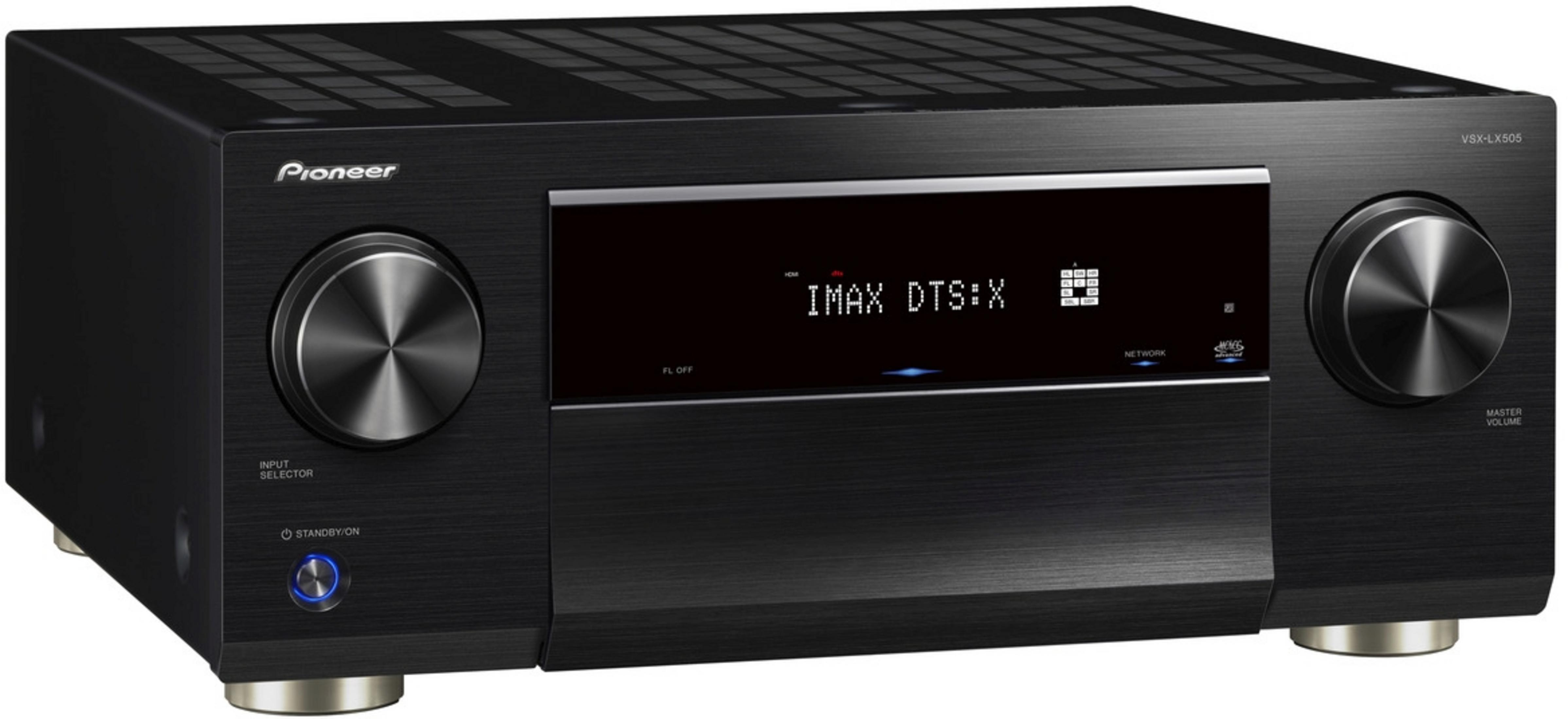 Schwarzer Pioneer AV-Receiver mit zwei Drehreglern und einem Display, das IMAX DTS:X anzeigt.