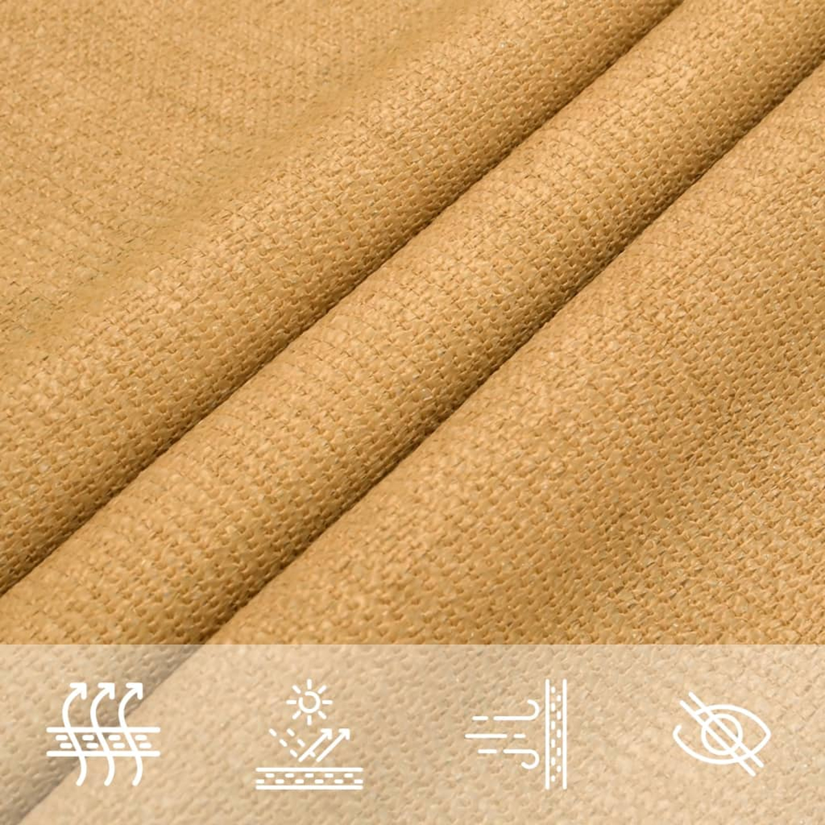 Primo piano di tessuto beige intrecciato con quattro icone sottostanti: flusso d'aria, protezione solare, vento.