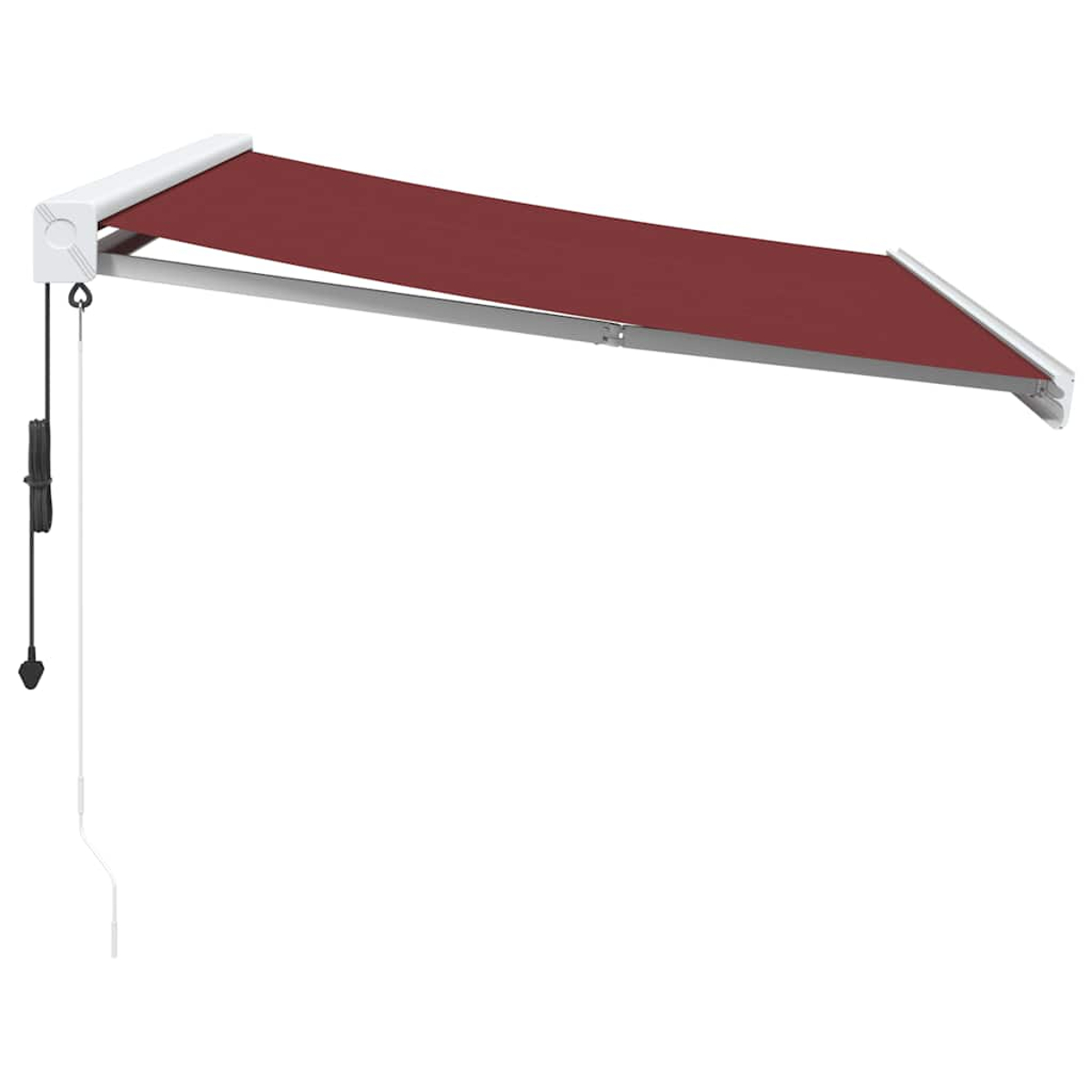 Una tenda da sole rosso scuro estesa con cassa bianca e cordoncino.