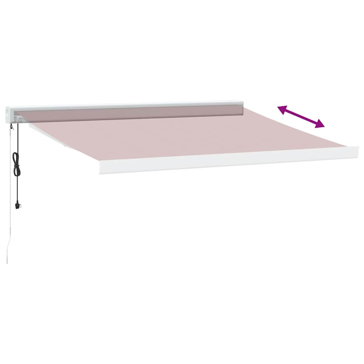 Una tenda da sole estesa con tessuto rosa pallido e cassone bianco.