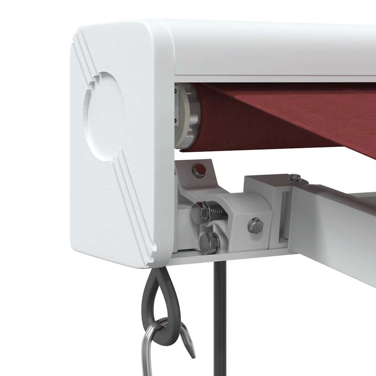 Dettaglio di una tenda da sole bianca con tessuto rosso e componenti metallici argentati.