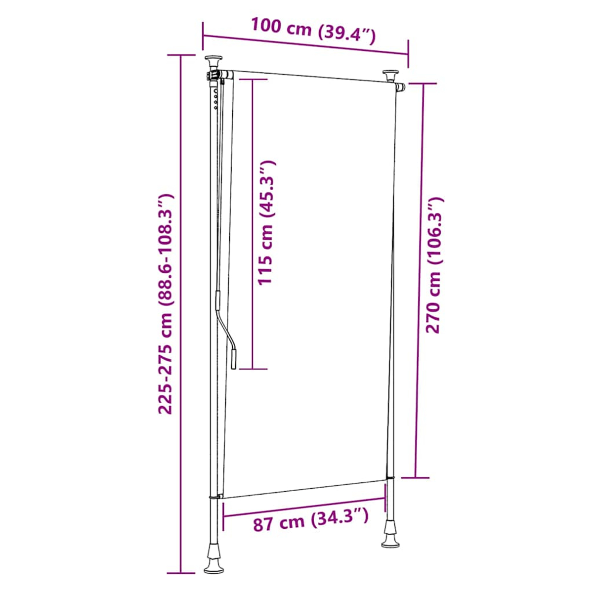 Un contorno schematico di una tenda da sole con dimensioni.