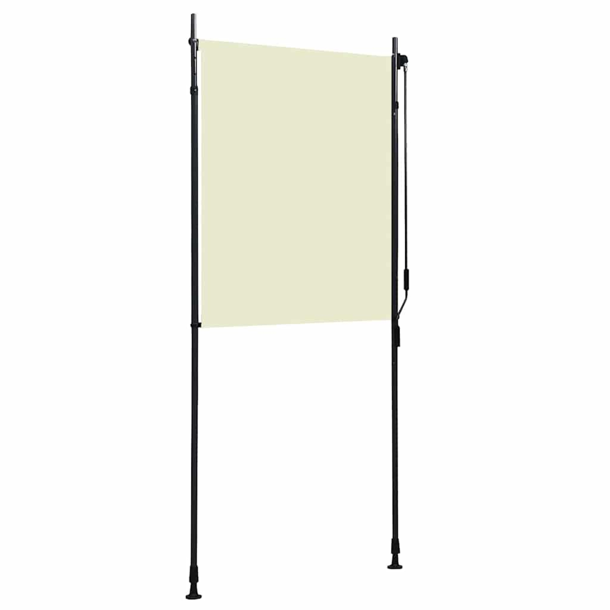 Una tenda da sole color crema con telaio in metallo nero, isolata.