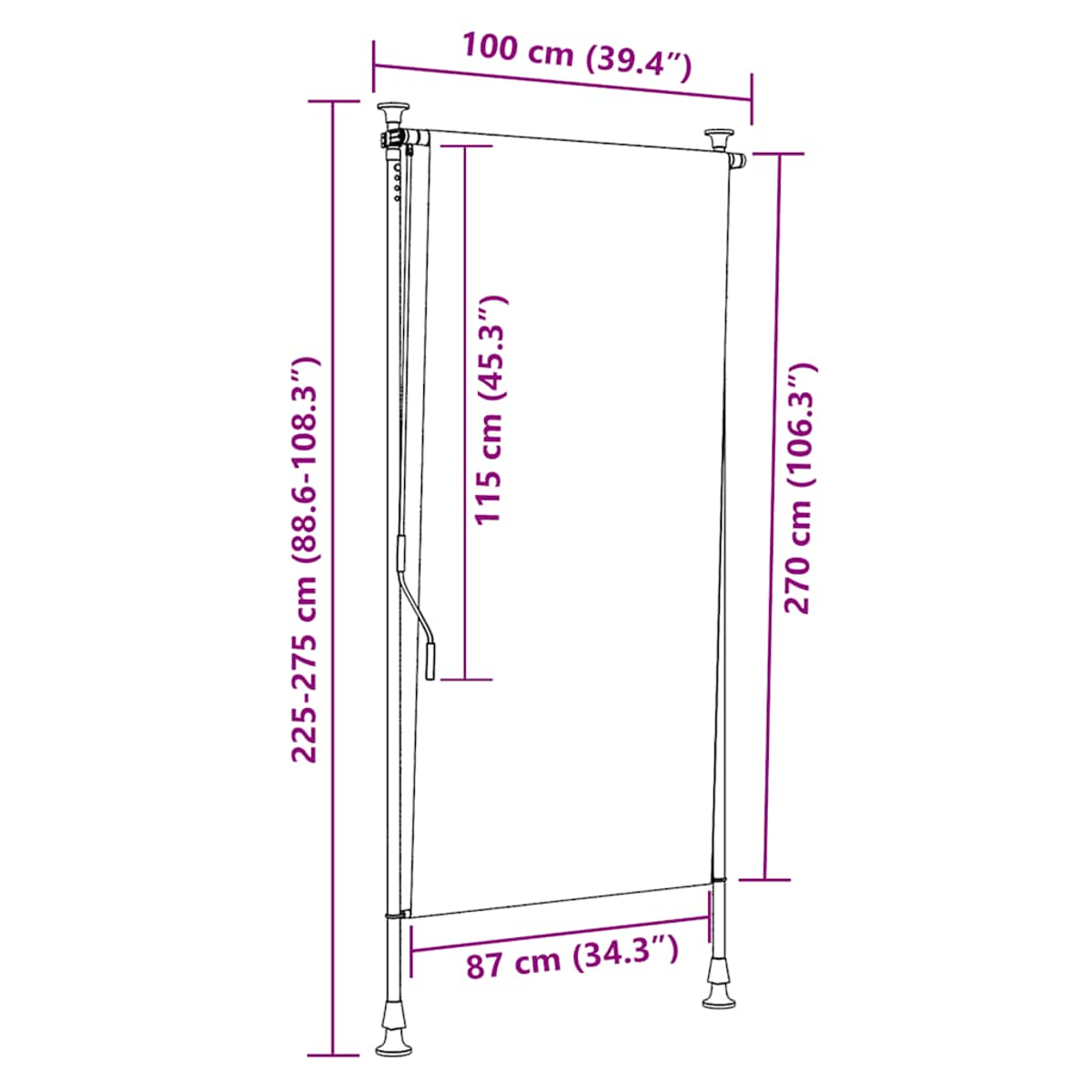 Tenda a rullo con dimensioni: 100cm larghezza, 270cm altezza, 87cm profondità.