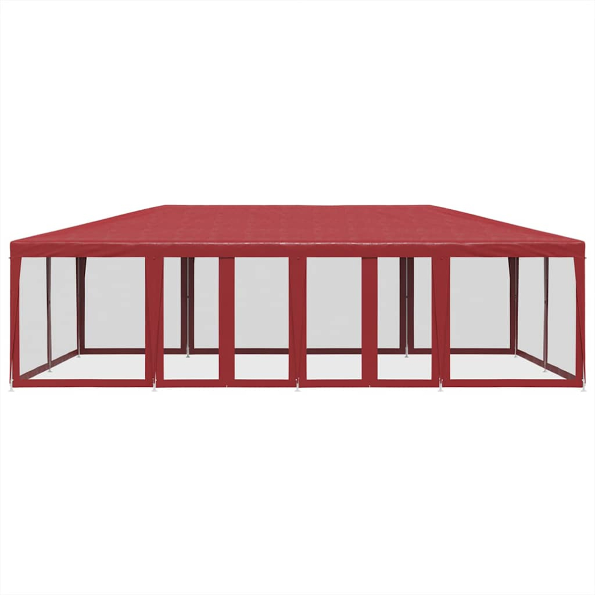 Una grande tenda da festa rettangolare rossa con pareti laterali trasparenti e una copertura del tetto rossa.