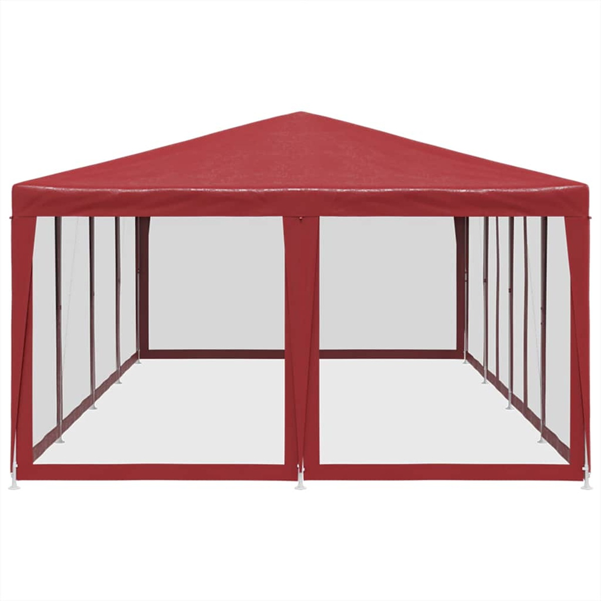 Una tenda rossa con pareti laterali trasparenti su sfondo bianco.