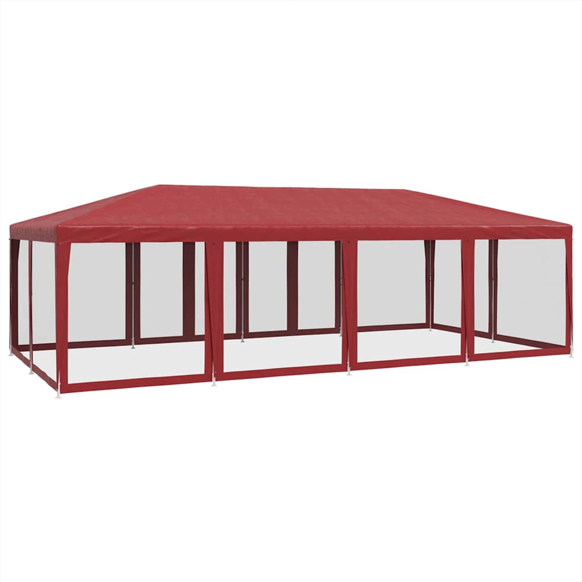 Una tenda rossa con pannelli laterali trasparenti e pali metallici.