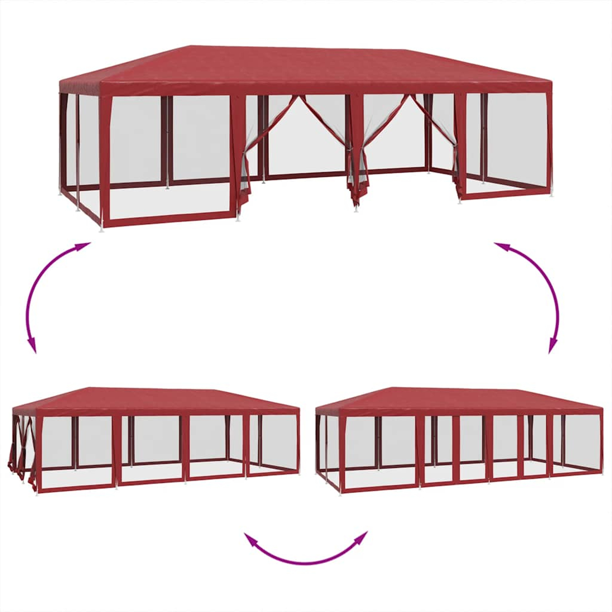 Tenda rossa con pannelli laterali in rete, mostrata in tre configurazioni.