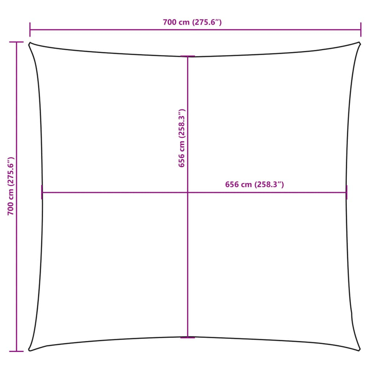 Sagoma di una vela parasole con dimensioni 700x700 cm.