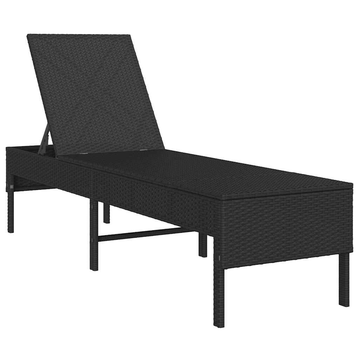 Schwarze Rattan-Liege mit verstellbarer Rückenlehne, freistehend auf vier Beinen.