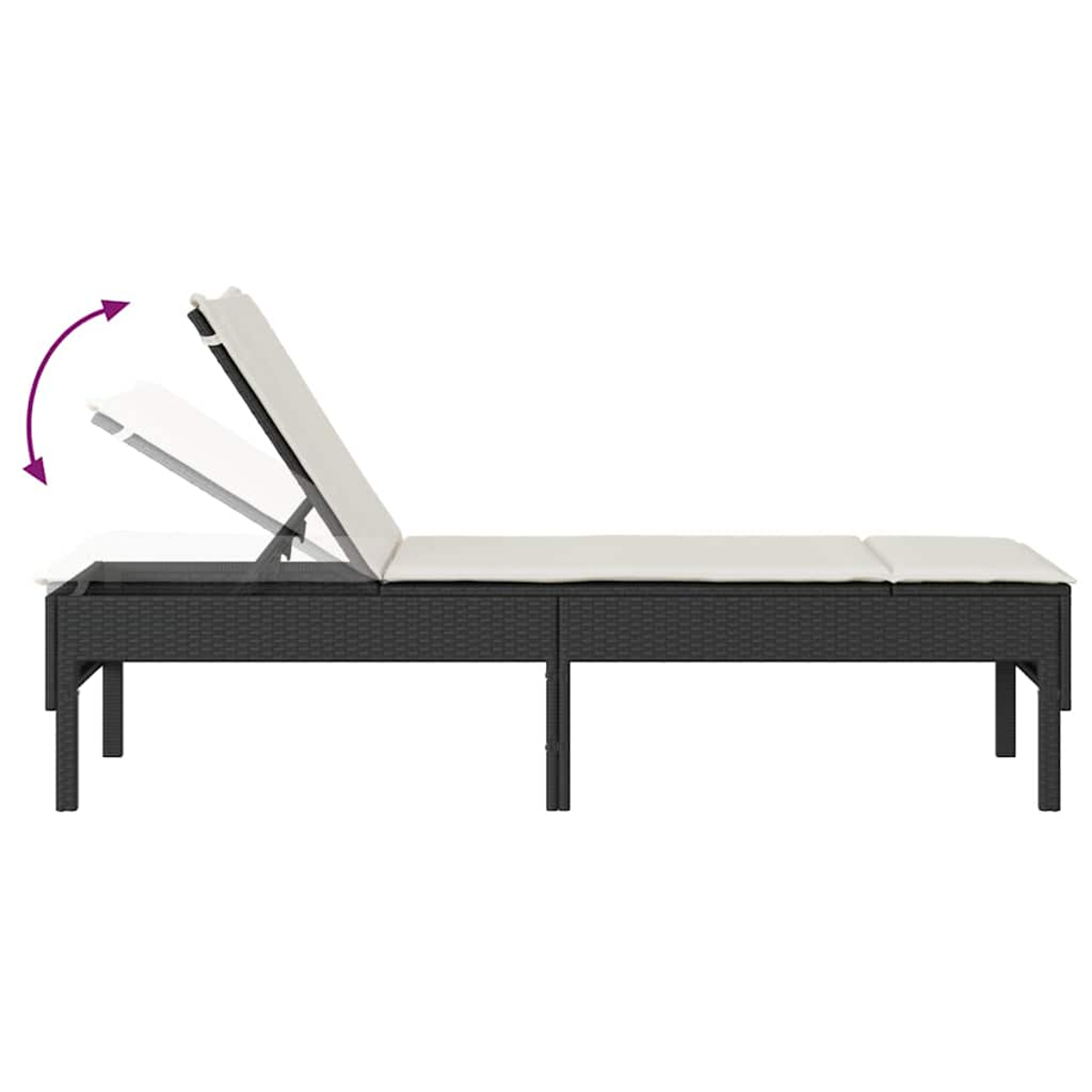 Ein schwarzes Rattan-Sofa mit verstellbarem Kopfteil und weißem Kissen.