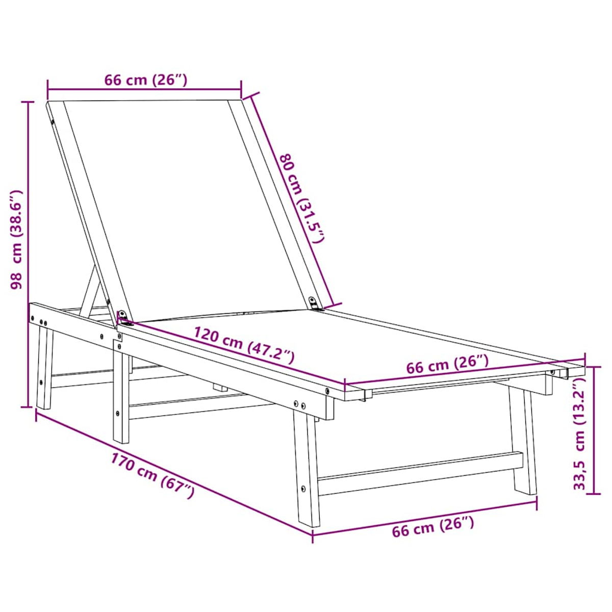 Disegno al tratto di una sdraio in legno con dimensioni. Lunghezza 170cm, larghezza 66cm, altezza 98cm.