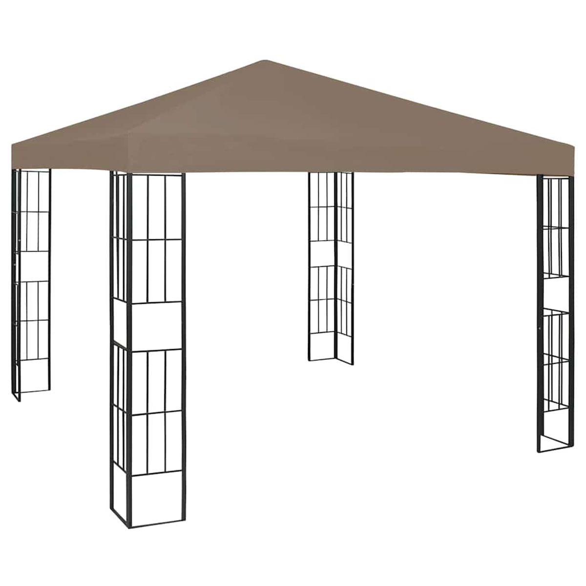 Una tettoia per gazebo marrone supportata da una struttura in metallo nero con quattro pali decorativi.