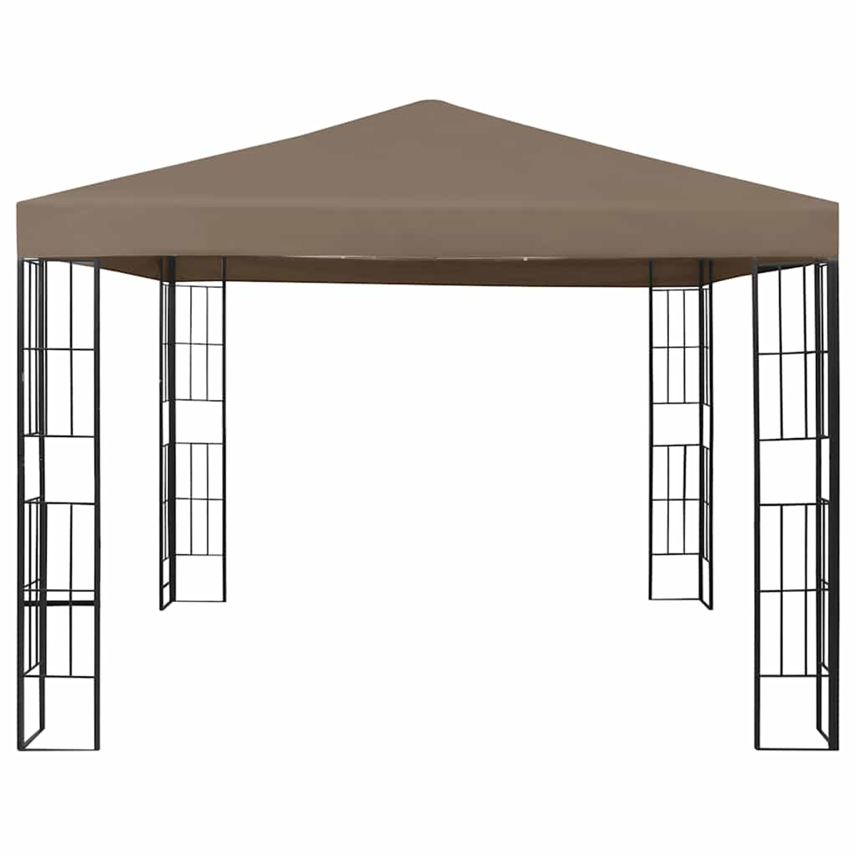 Una tettoia per gazebo marrone con telaio in metallo nero e quattro pali.