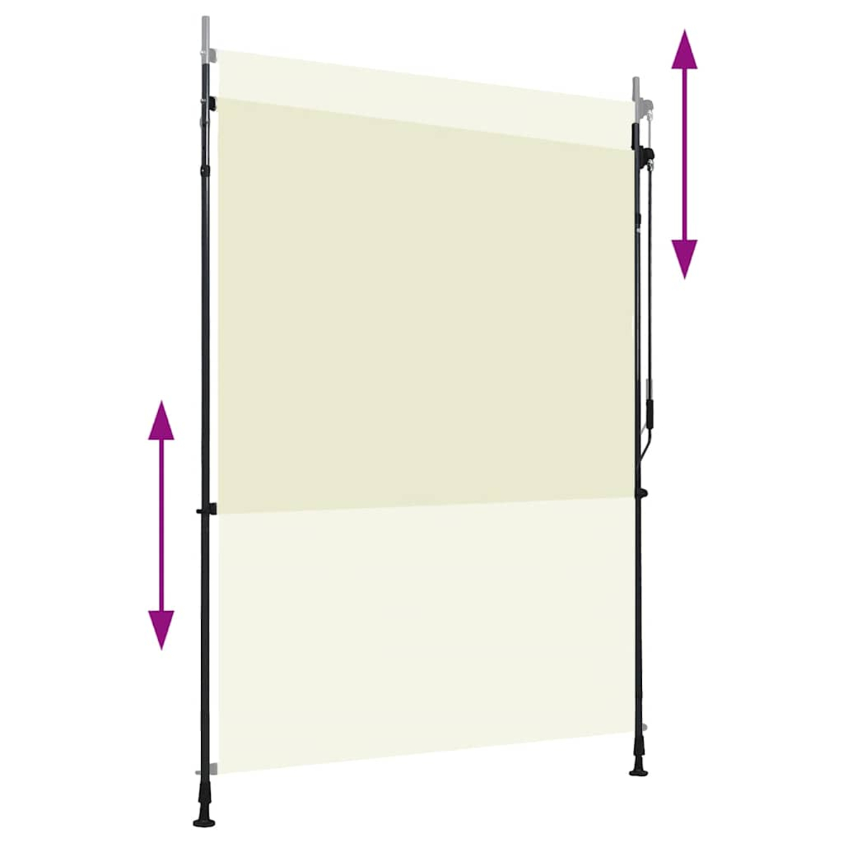 Una tenda da sole retrattile color crema su telaio metallico con altezza regolabile.