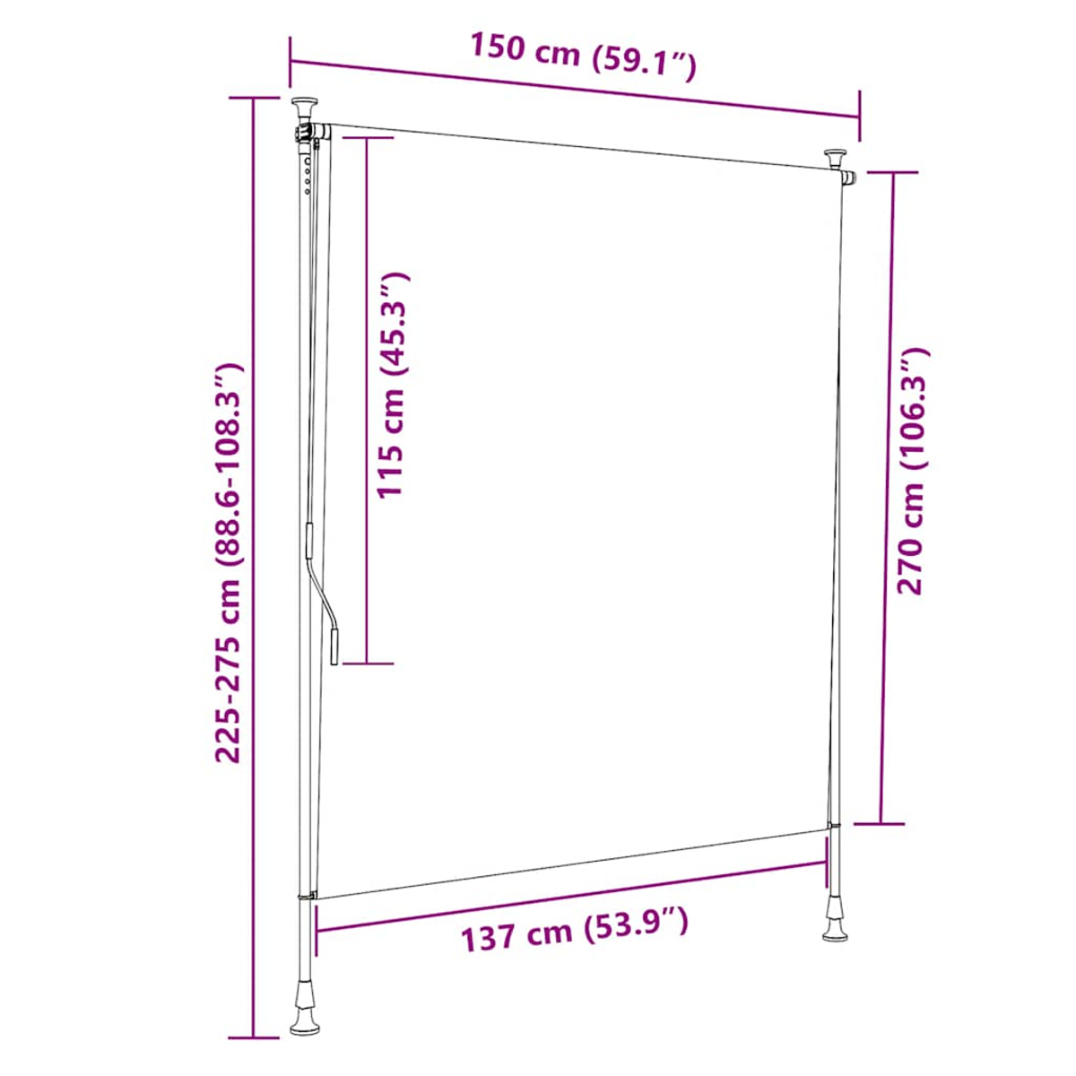 Diagramm zeigt Abmessungen eines Sonnensegels: 150cm Breite, 270cm Höhe, 137cm Tiefe.