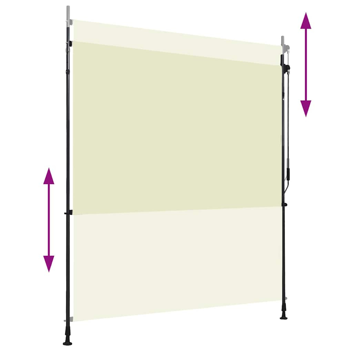 Una tenda da sole beige chiaro con due pali verticali e frecce di regolazione.