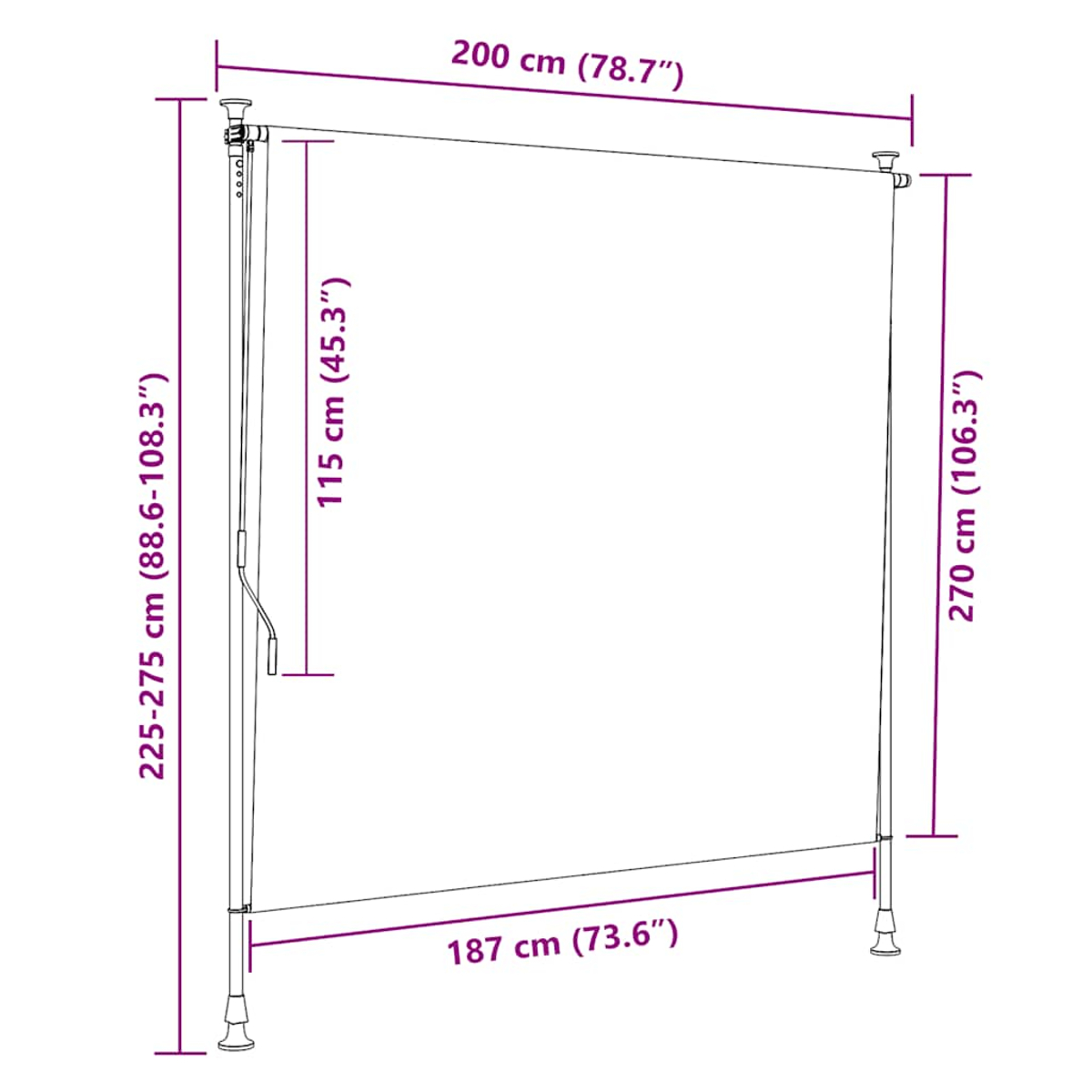 Una tenda retrattile con dimensioni: 200x270cm, larghezza 187cm, altezza 115cm.